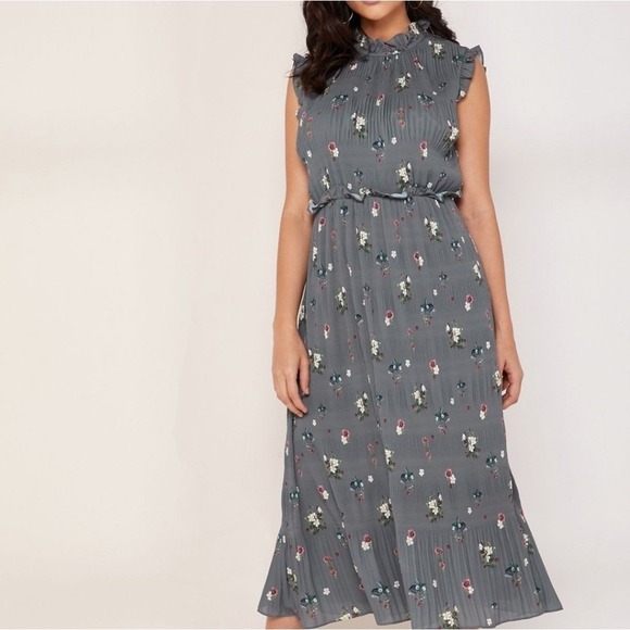 Ted Baker Dresses & Skirts - Ted‎ Baker Oracle Mock Neck Midi Ruffle Gray Pleated Sleeveless Cream Floral 1 4